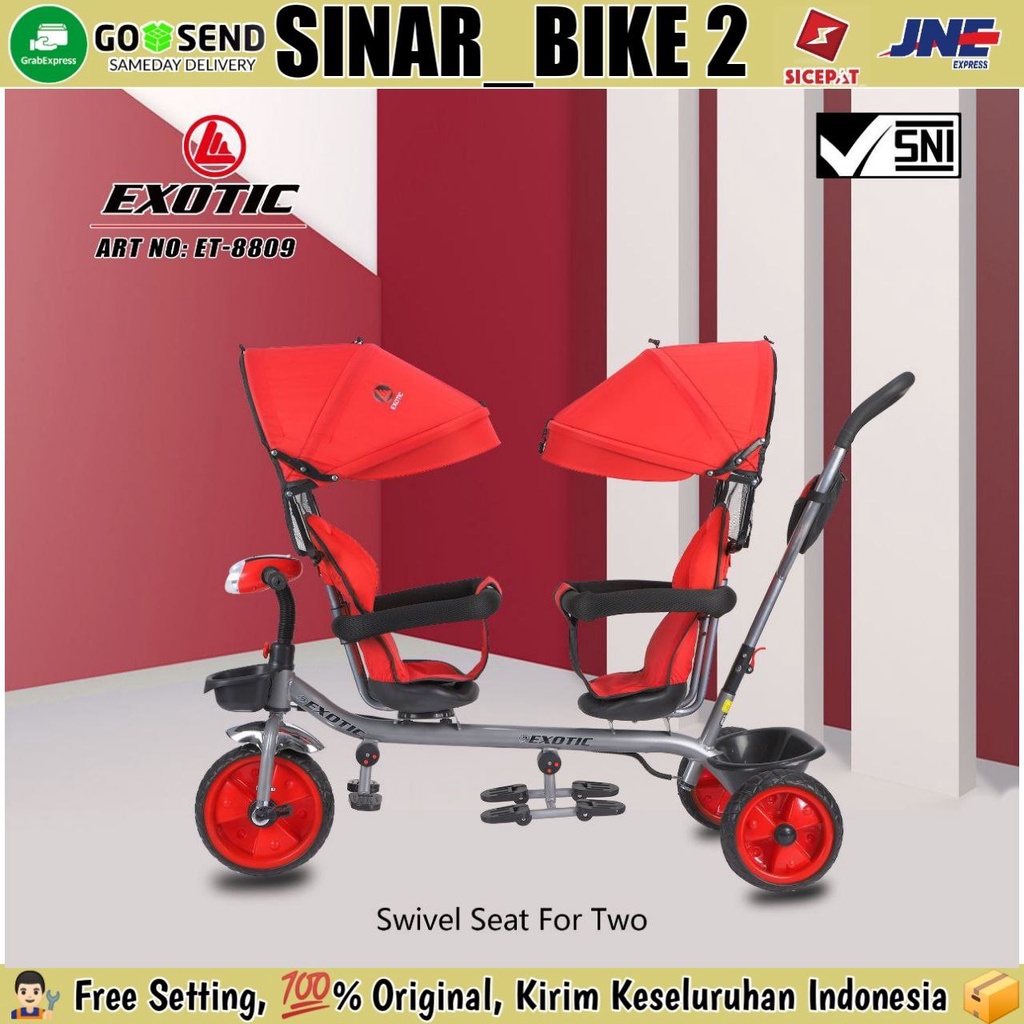 Sepeda Roga 3 Tiga EXOTIC ET-8809 TWINS Kembar Boncengan Kursi Putar Tricycle Stroller Anak