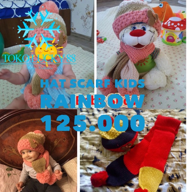 IMPORT Hat Scarf Kids Rainbow Topi Syal Anak Rajut Wool 1 set Musim Dingin Winter