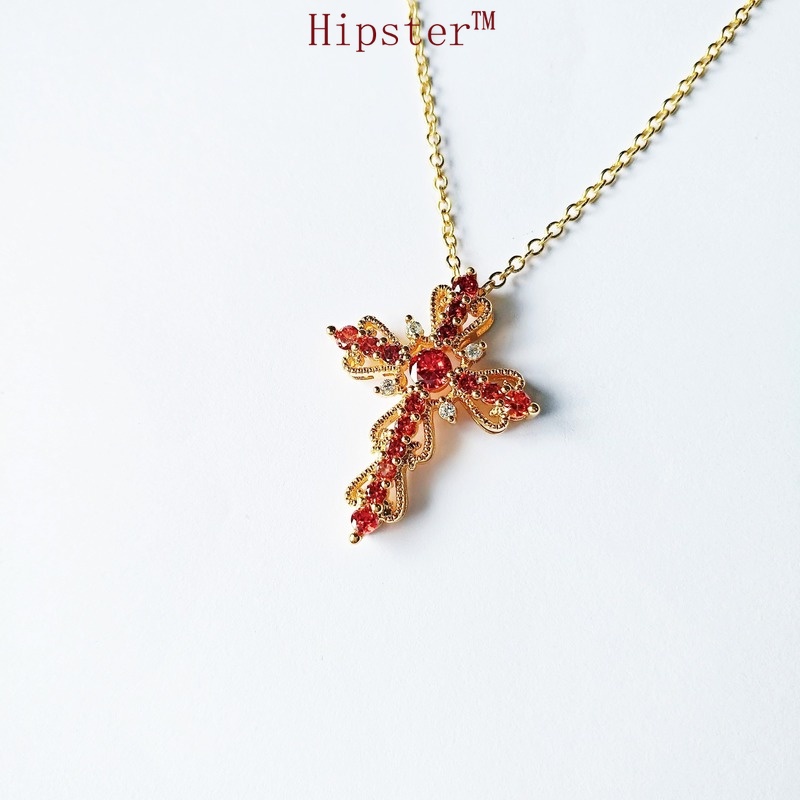 Hollow Diamond Cross Ruby Pendant Retro Affordable Luxury Gold Pendant Clavicle Chain