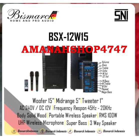 Speaker portabel Bismarck BSX12W15. porteble 15 inch body kayu 2mic.