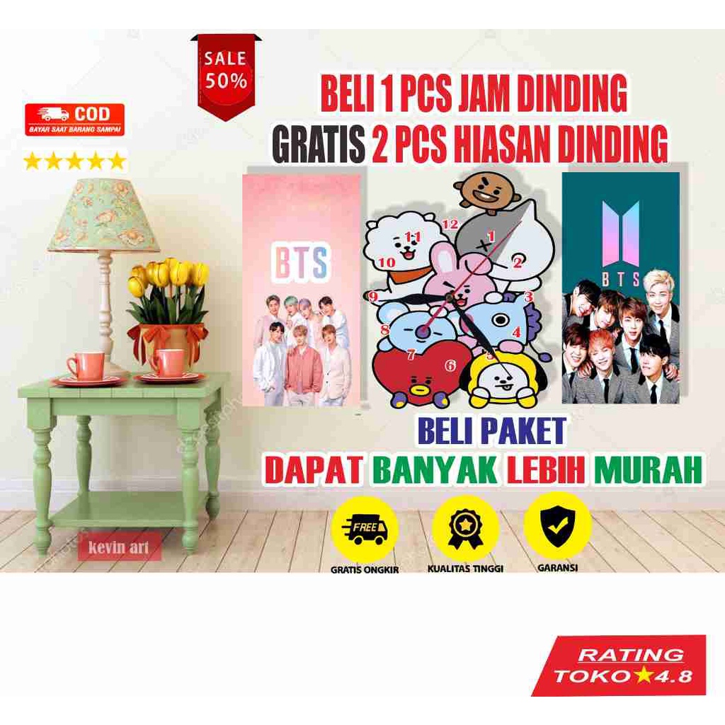 JAM DINGDING UNIK KEREN BESAR BT21 BTS TEMPEL TEMBOK KOLEKSI HOBI HADIAH ULANG TAHUN DEKORASI DINDING KAMAR ANAK CEWE CUSTOM 1 SET MURAH GRATIS HIASAN