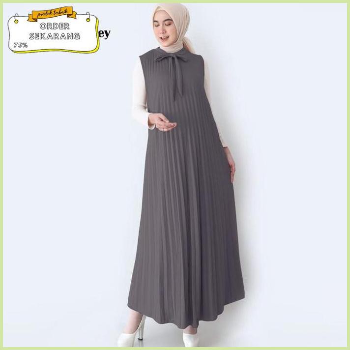 Sale Baju Gamis Wanita Plisket Maxy Lengan Buntung / Tanpa Lengan Kensi - DARK GREY Termurah