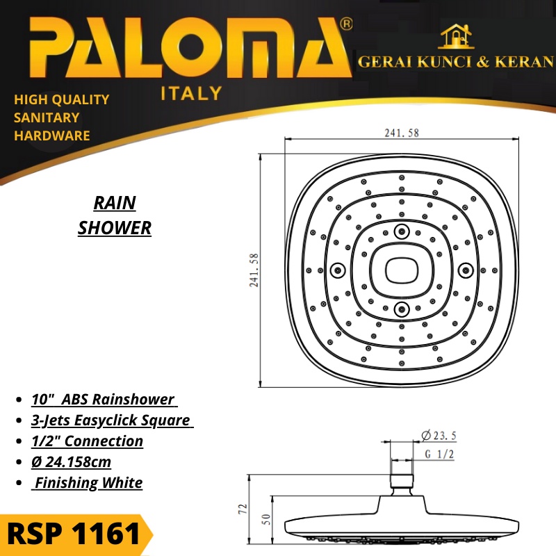 PALOMA 10&quot; RAINSHOWER 3-JETS EASYCLICK RSP 1161