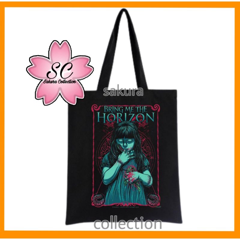 Tote Bag tas BAND BMTH BRING ME THE HORIZON hijau musik Heavy rock BAND metal tote bag resleting pria wanita tas sekolah / tas ngaji / tas kerja / tas belanja unisex canvas kekinian hitam/black tas jinjing/laptop fashion