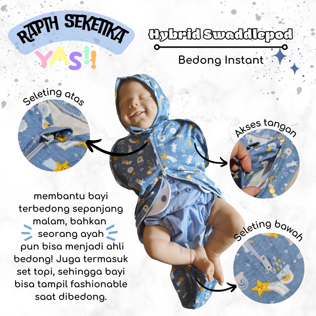 Bedong instant Cuddle me Hybrid Swaddle pod set dengan topi