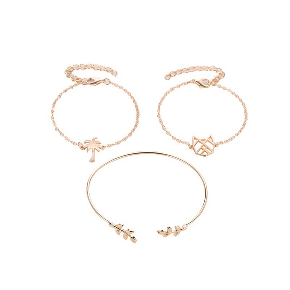 3pcsset Gelang Rantai Dengan Charm Kucingdaun Kelapa Hollow Out Gaya Etnik Untuk Wanita