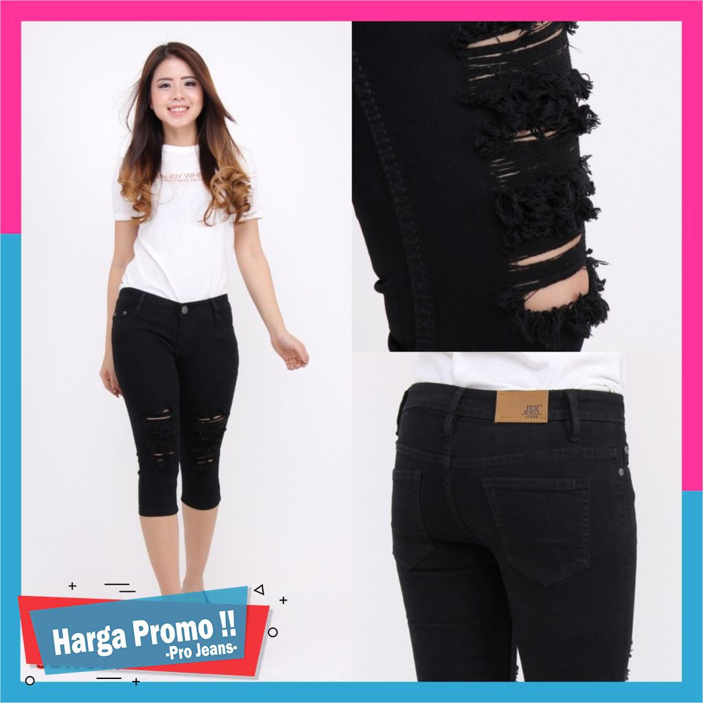  CELANA  JEANS  SOBEK  HITAM 7 8 JEANS  RIPPED ROBEK BIGSIZE 