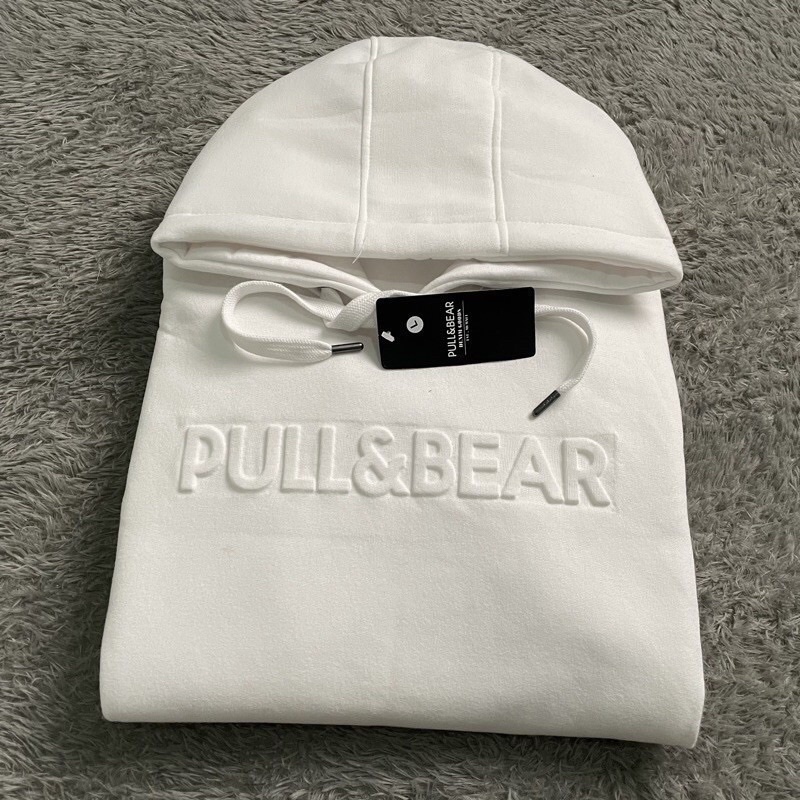 SWEATER HOODIE PULL &amp; BEAR EMBOOS 3D FONT TIMBUL FULL TAG AND LABEL