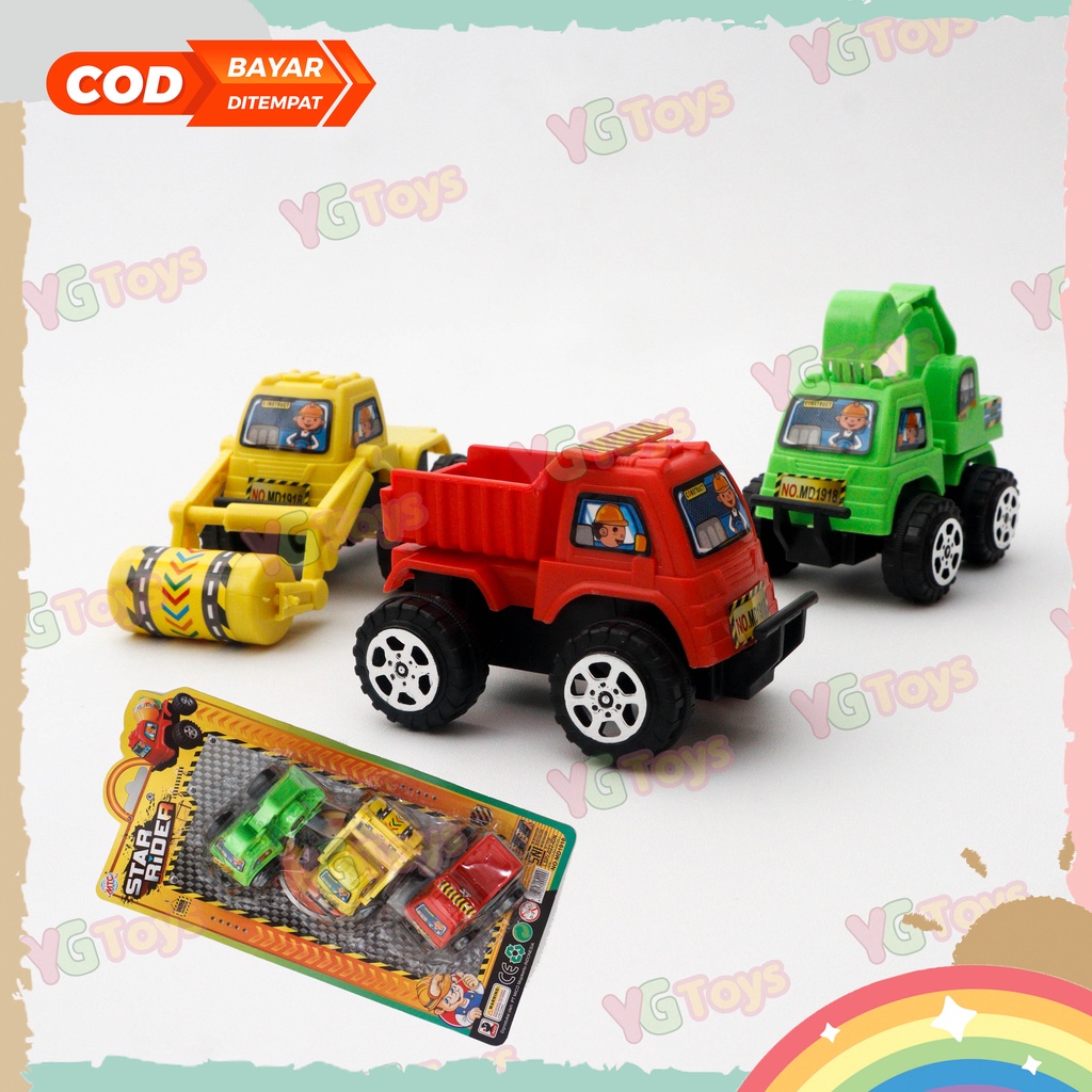 YGtoys Mainan Mobil Mobilan Dorong Anak Laki Laki Konstruksi Truk Beko Excavator Bulldozer Truck Pasir Warna Set isi 3 Pcs