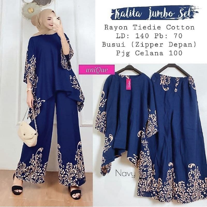 Kalita Set Jumbo - One Set Jumbo Katun Rayon Tidie Premium Busui Setelan Wanita Waka Waka Set Celana Panjang Bigsize LD 140 cm