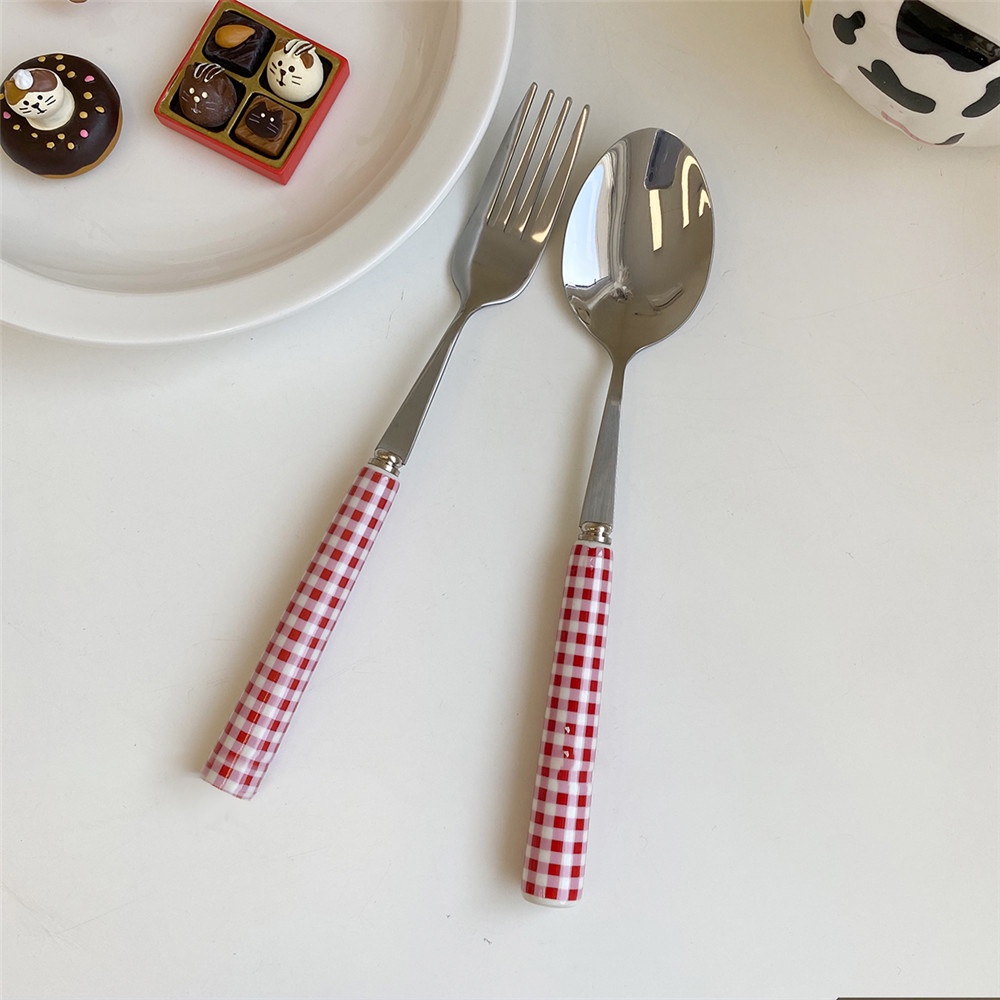 【COD Tangding】Korean INS French Blue and Red Checked Ceramic Handle Tableware Dessert Fork Steak Fork Spoon