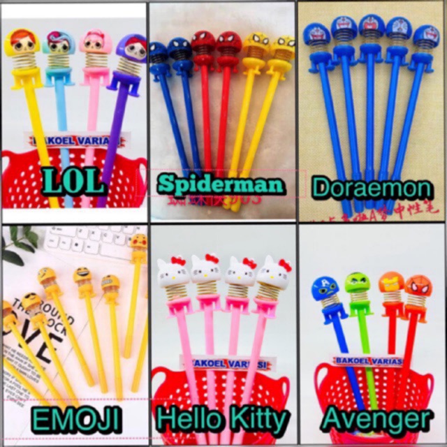 

Bolpen spring doll gel 0.5 mm / Pulpen gel per karakter Emoji,superhero,doraemon,LOL