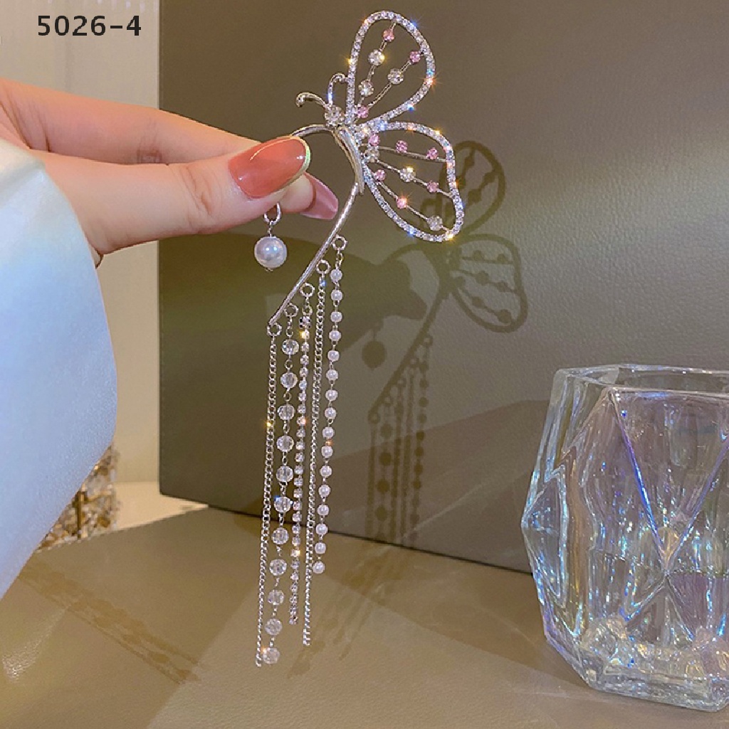 5026-4 Crystal Butterfly Clip On Earring Pearl Bead Ear Cuff Long Tassels Charm 5026-4