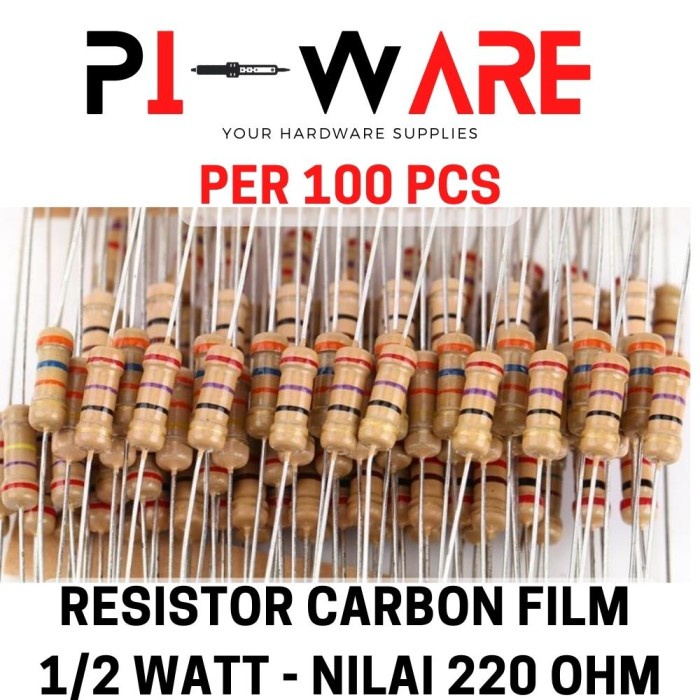 Paket Isi 100 Pcs Resistor Carbon Film 1/2 0.5 Watt Nilai 220 ohm 220R