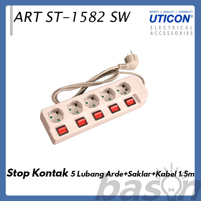 UTICON ST1582SW Power Extension - Stop Kontak 5Lubang 1.5Meter Arde dengan individual switch