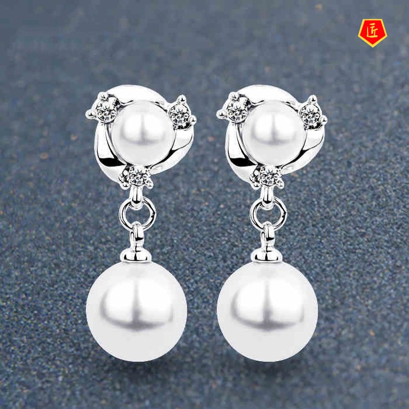 [Ready Stock]Sweet Elegant Pearl Silver Stud Earrings Women's Fashion