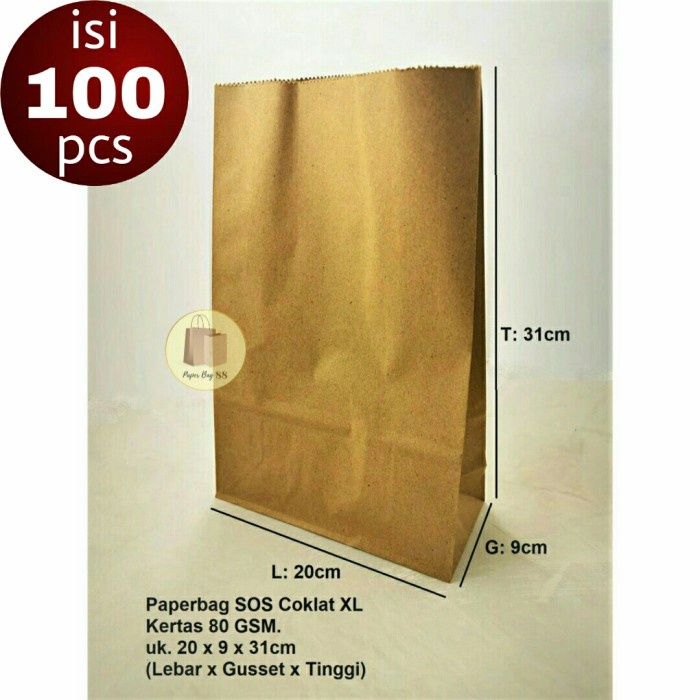 

(TERLARIS) Paperbag SOS Kantong Kertas Coklat XL 20x9x31 cm (isi 100 pcs)