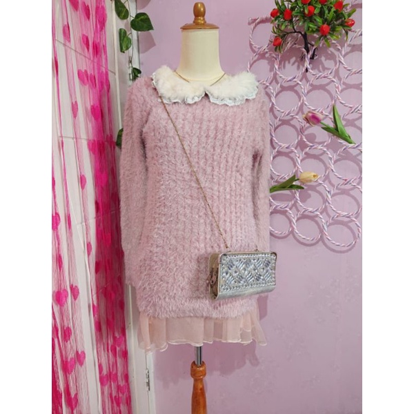 ATASAN DRESS SWEATER RAJUT FUZZY KEPANG PINK