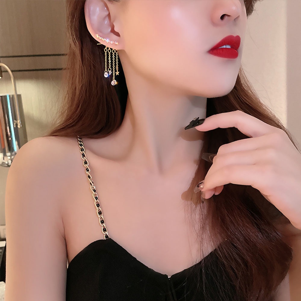 1 Pasang Anting Rumbai Menjuntai Bentuk Bintang Bahan Cubic Zircon Untuk Wanita