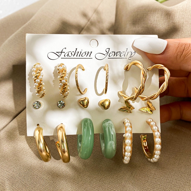 Set Anting Hoop 17km Gold Silver Hias Mutiara Bentuk Hati Butterfly Drop Untuk Aksesoris Perhiasan-2