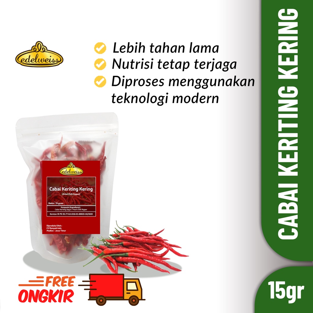 

Edelweiss Cabai Keriting Kering 15gr Refill Pack (Dried Chilli Pepper)