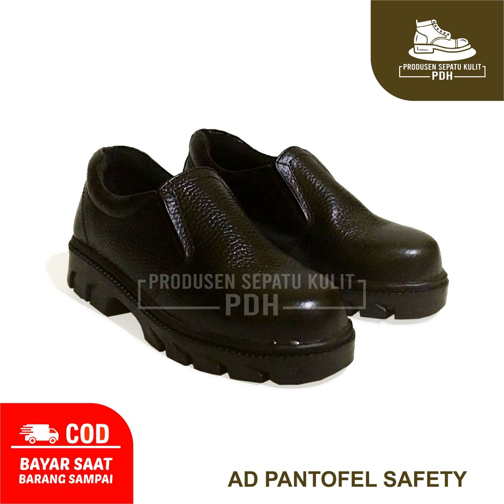 NOTIS - SEPATU SAFETY SLIP ON TALI KULIT SEPATU SAFETY SEFTY SEPTI SELOP SLOP UJUNG BESI PROYEK KITCHEN ANTI SLIP