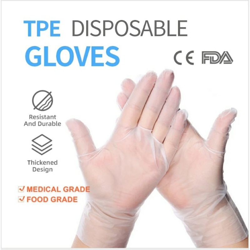 HAND GLOVES - 100 PCS - SARUNG TANGAN TPE (ALT SARUNG TANGAN LATEX)  FOOD GRADE &amp; MEDICAL GLOVES