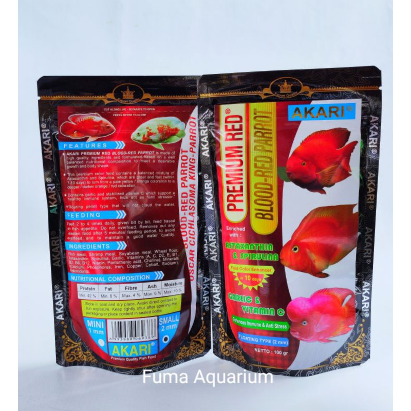 READY STOK !! AKARI PREMIUM RED- BLOOD-RED PARROT 100gr butiran 2mm Apung