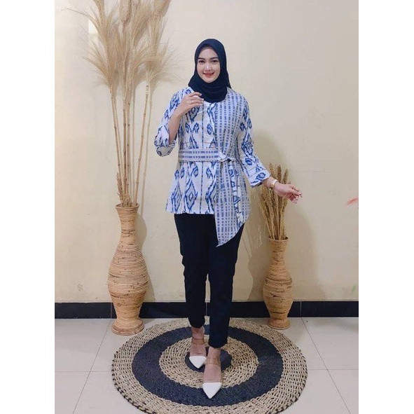 tey-17 Batik wanita ASJ SA HRB026 Kenongo Kemeja Tosca Pendek / Batik Usman-Songket Biru