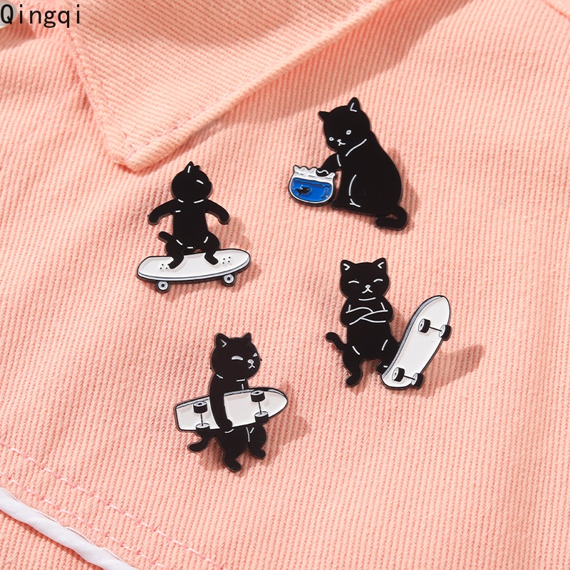 Bros Pin Enamel Bentuk Kucing Hitam Skateboarding Untuk Aksesoris Kerah