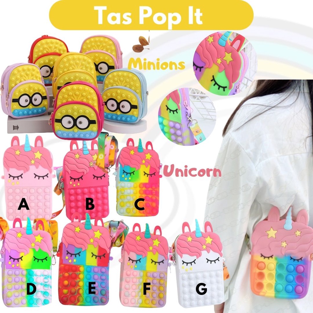 Tas Pop It Anak Rainbow Macaron Tas Selempang Unicorn Tas Selempang Minions Tas Ransel Minions Tas Gamblok MinionsPop It Murah Viral Tiktok Gelembung Sensory Mainan Fidget Toy Pop Bubble Gelembung