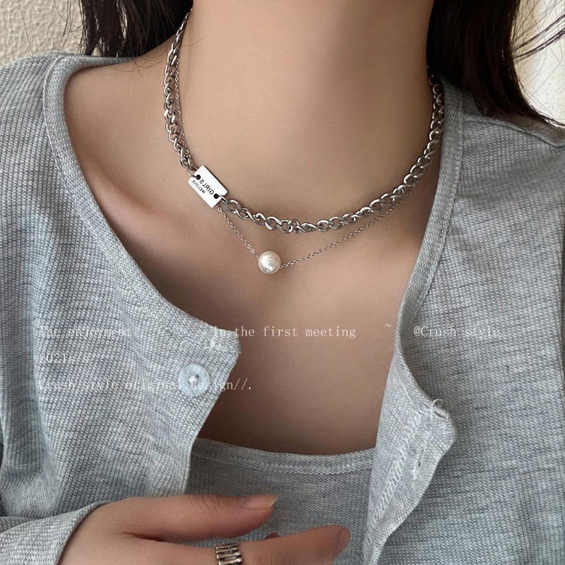 Double layer twin titanium baja pelat persegi Kuba kalung wanita in trendy hip-hop punk kalung singl