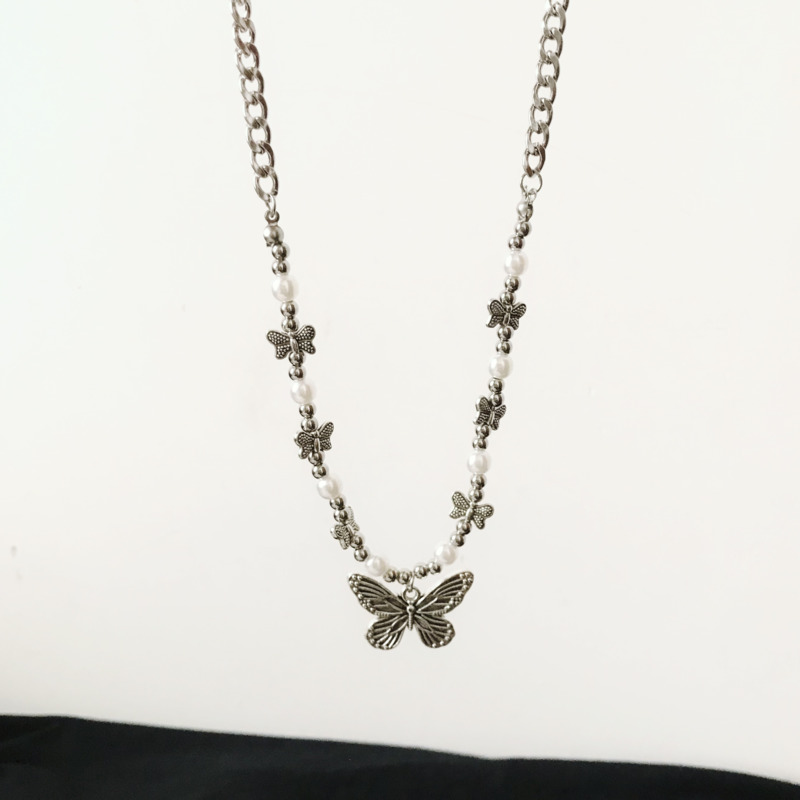 Pearl Butterfly Necklace Retro Personality Hip Hop Pendant Titanium Steel Chain Stitching Trend