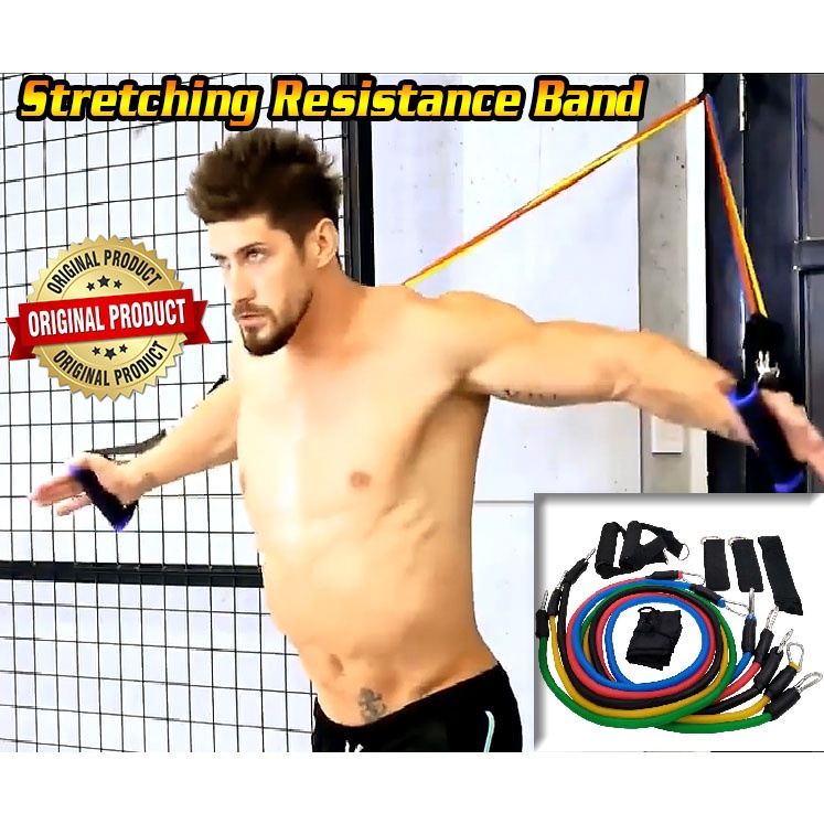 Alat fitness Set Tali Stretching Resistance Band 11 PCS lengkap / TaffSPORT Set Tali Stretching Resistance Band 11 PCS/set - YR2-11 Warna Hitam / Olahraga / Latihan Otot / Latihan Beban / Memperbesar Otot / Membakar Lemak