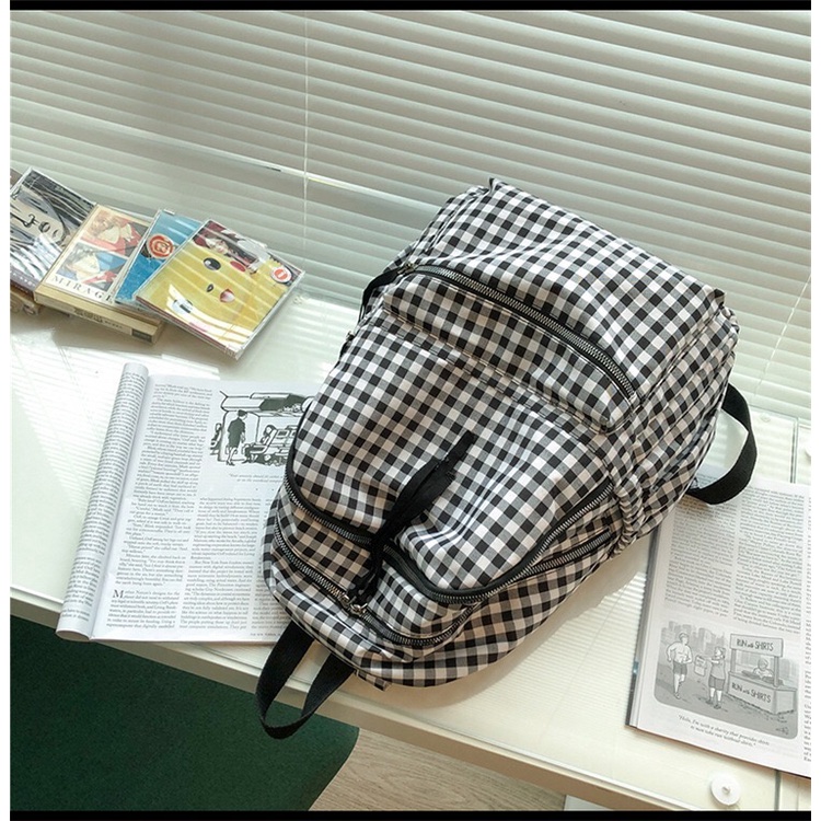 Mores Tas Ransel Laptop Wanita Niky Monokrom Tartan Korean Polyester backpack Nilon import remaja kuliah sekolah motif Gingham Hitam Putih