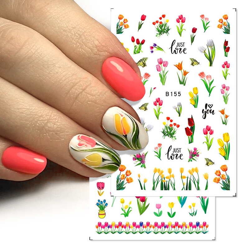 1 Lembar Stiker Kuku 3D Desain Bunga Tulip Warna-Warni Untuk Dekorasi Nail Art