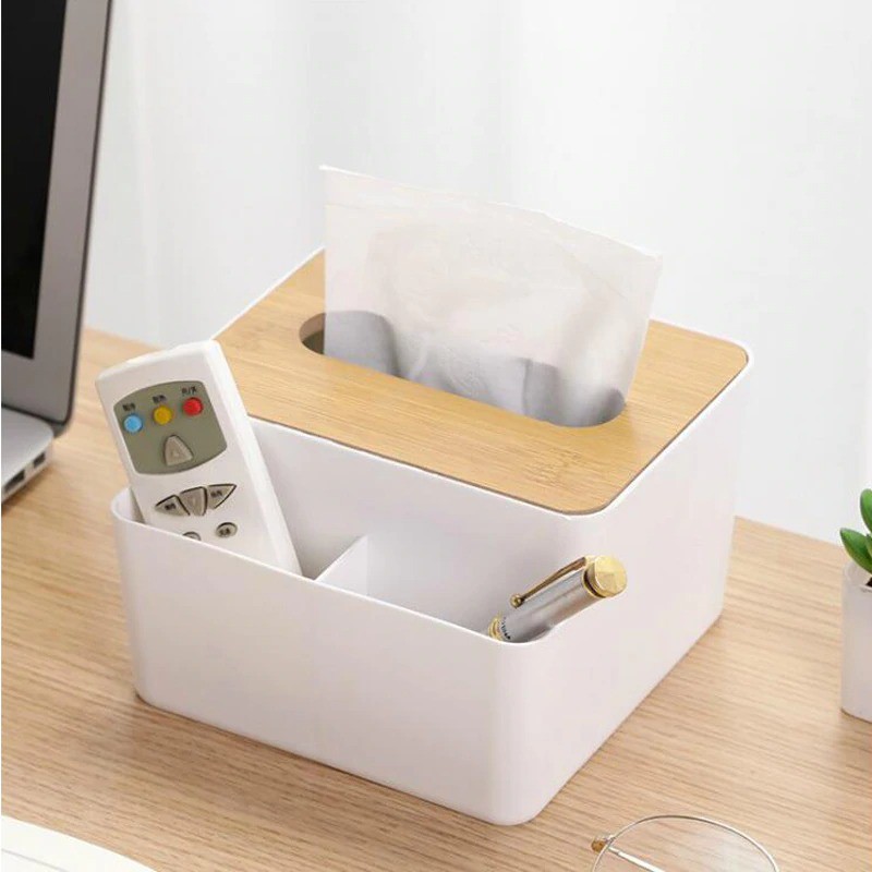 Grab Medan Kotak Tisu Kayu + Remot Multifungsi Organizer Box - M744 Zenxin White