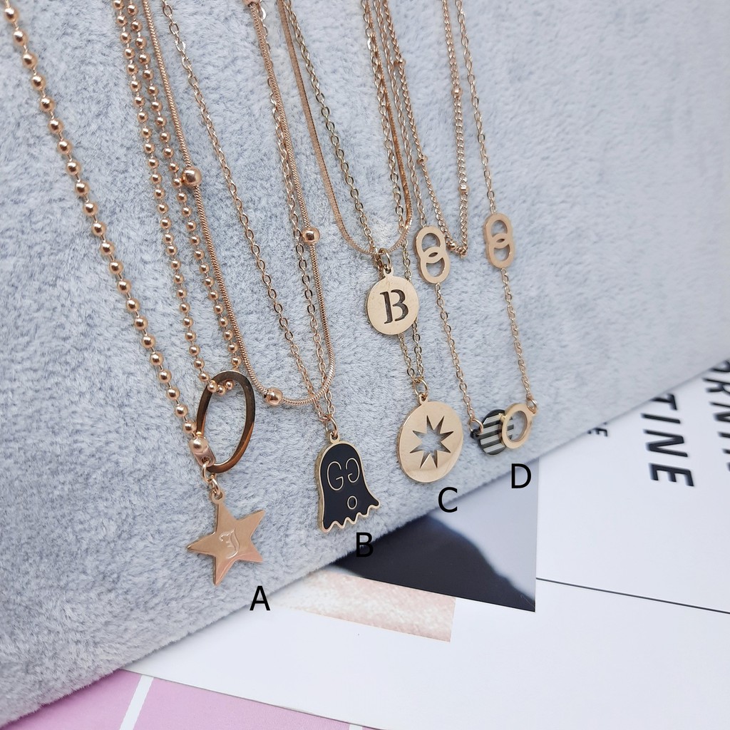 Kalung Kpop Titanium Korea 2 Layer Import Rantai Biji Lada Cassandra Belut Rosegold - BN423