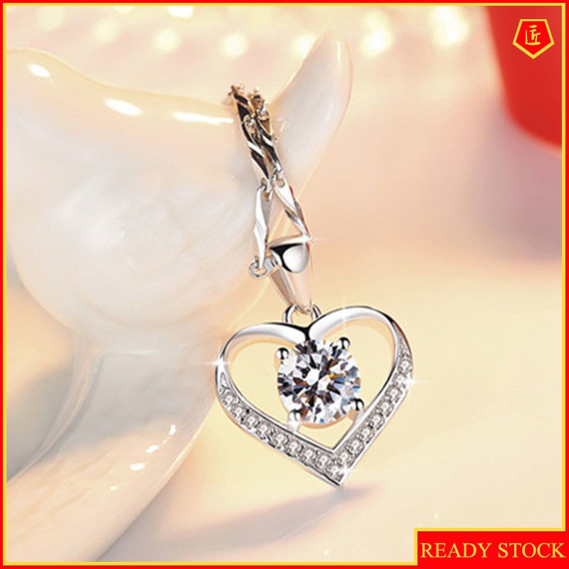 [Ready Stock]Fashion Heart-Shaped Zircon Finely Inlaid Pendant Korean Silver Necklace