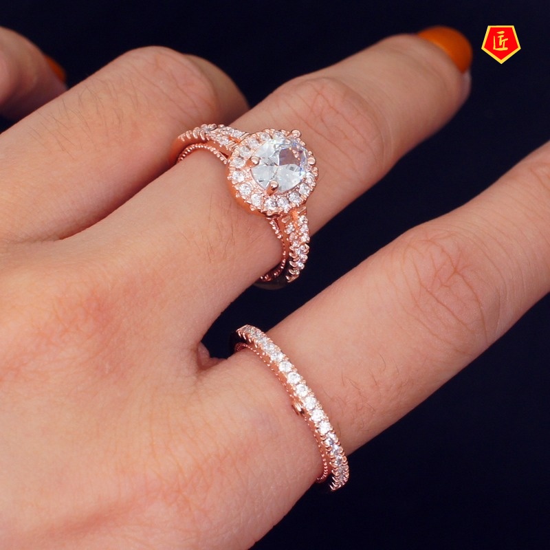 [Ready Stock]925 Silver 14K Rose Gold Diamond Ring Set Luxury Fashion