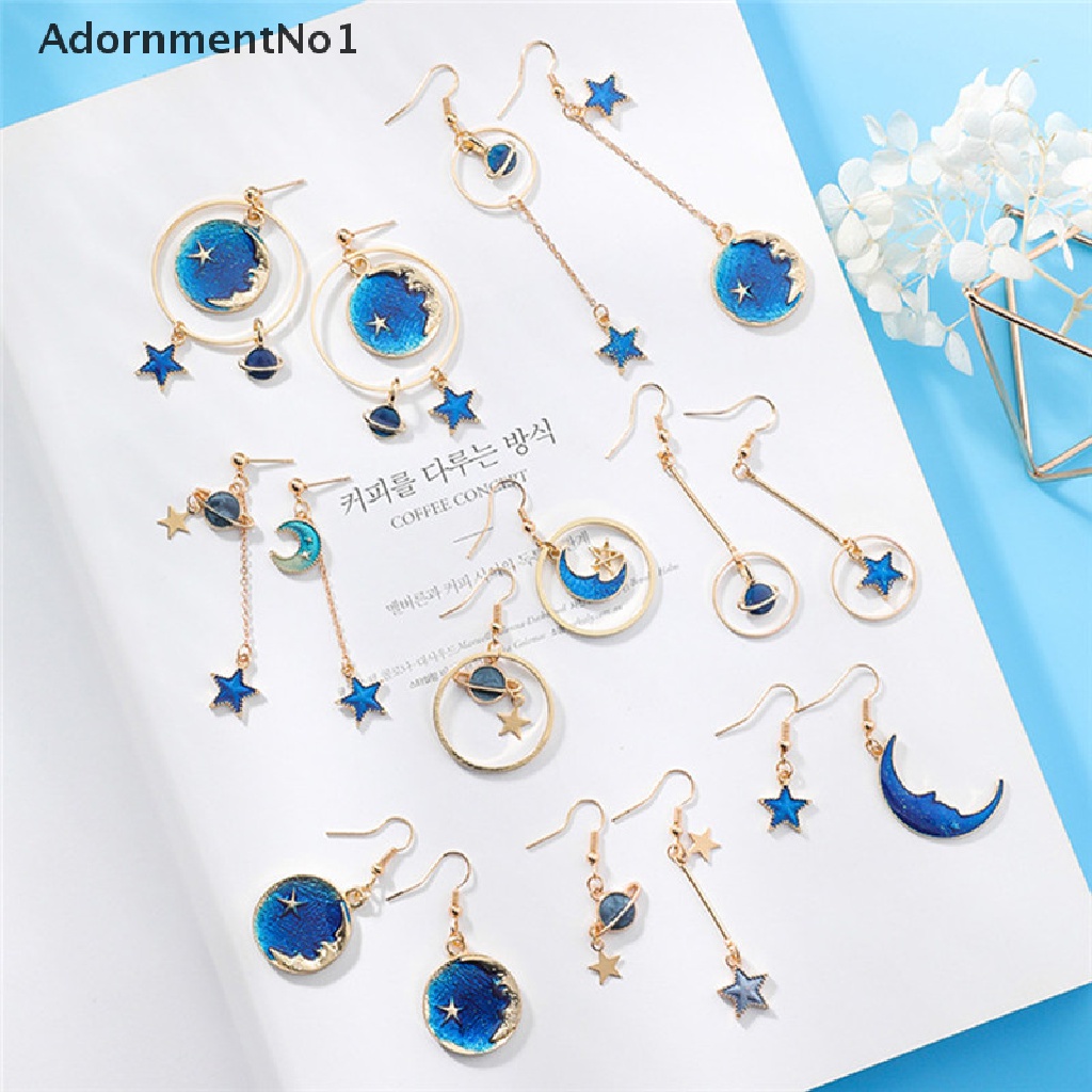 (AdornmentNo1) Anting Gantung Panjang Tusuk Motif Bulan + Bintang + Planet Biru Untuk Perhiasan Wanita