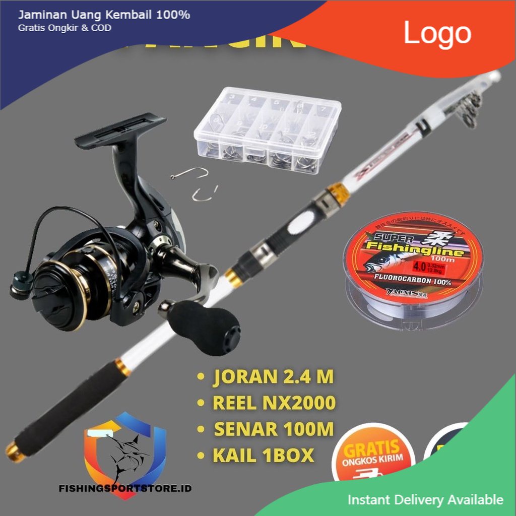 Set Joran Reel Senar Kail 4 in 1 Stik Panjang 2.4 Meter Rell Gulungan Seri 2000 Tali 100M Mata Kail 
