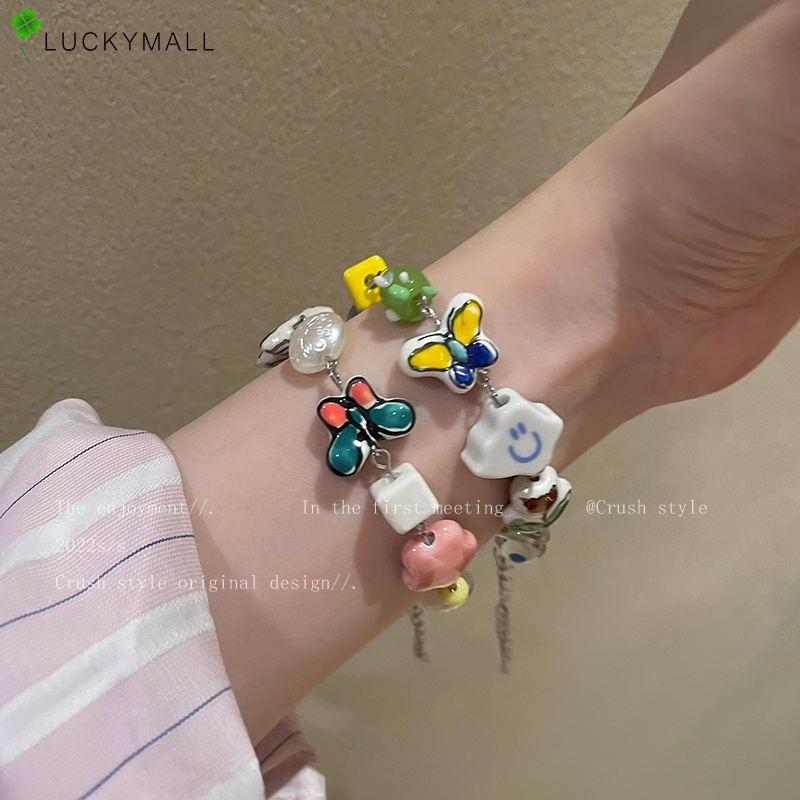 Gelang Tangan Manik-Manik Mutiara Aksen Kupu-Kupu + Smiley + Awan + Beruang Untuk Perhiasan Wanita