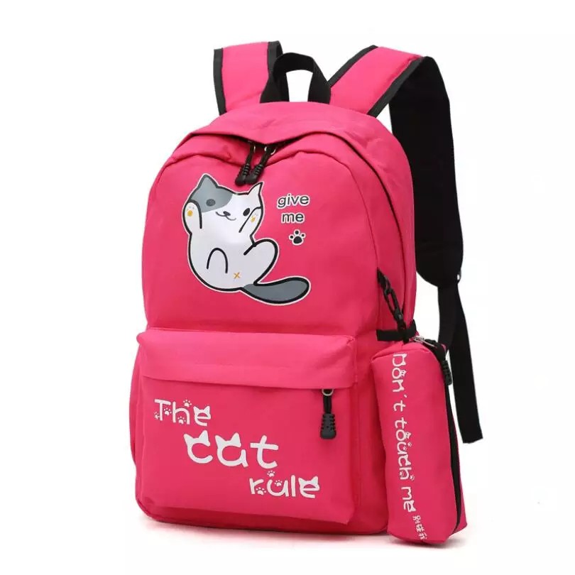 Tas Sekolah Untuk Anak Perempuan Remaja Tas Ransel Kucing Lucu Backpack Besar Solid Kanvas Dinnir