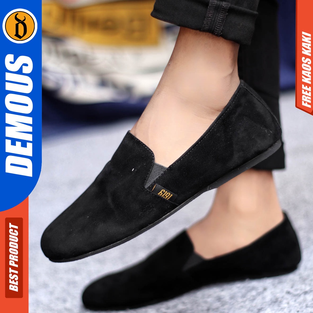 Demous Cord Sepatu Slip On Pria Casual Formal Kulit Suede Kerja Santai Hitam Polos