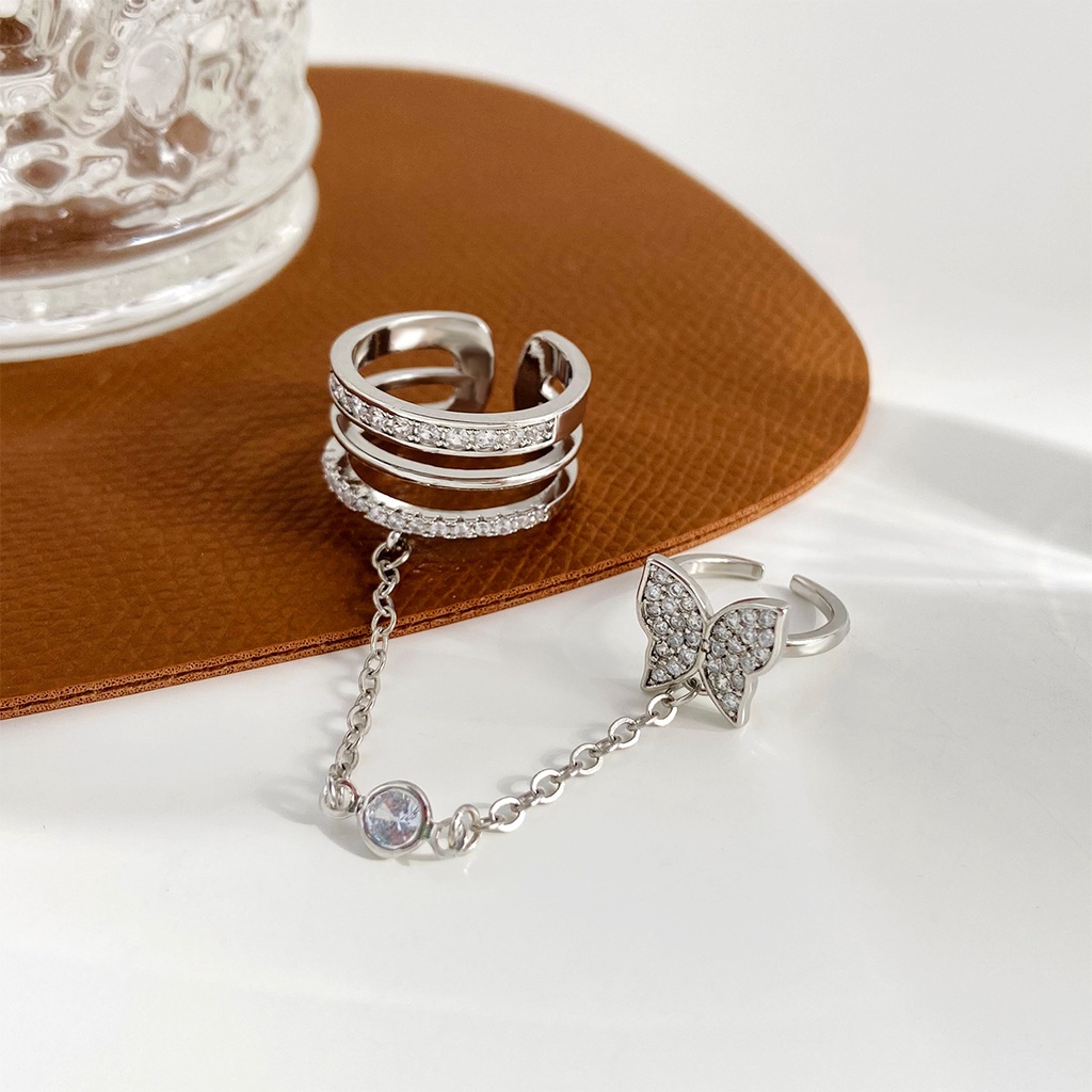 Cincin Model Terbuka Desain Kupu-Kupu Hias Rantai Rumbai Berlian Adjustable Untuk Wanita