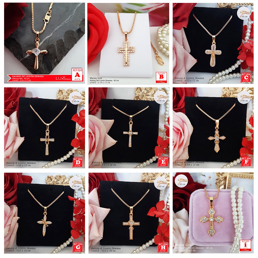 XLT 024  Kalung Salib Yesus Kristus Permata Zirkon Perhiasan Imitasi Lapis Emas 18K Aksesoris Rohani Kristen Katolik Rosario Luxx Xuping