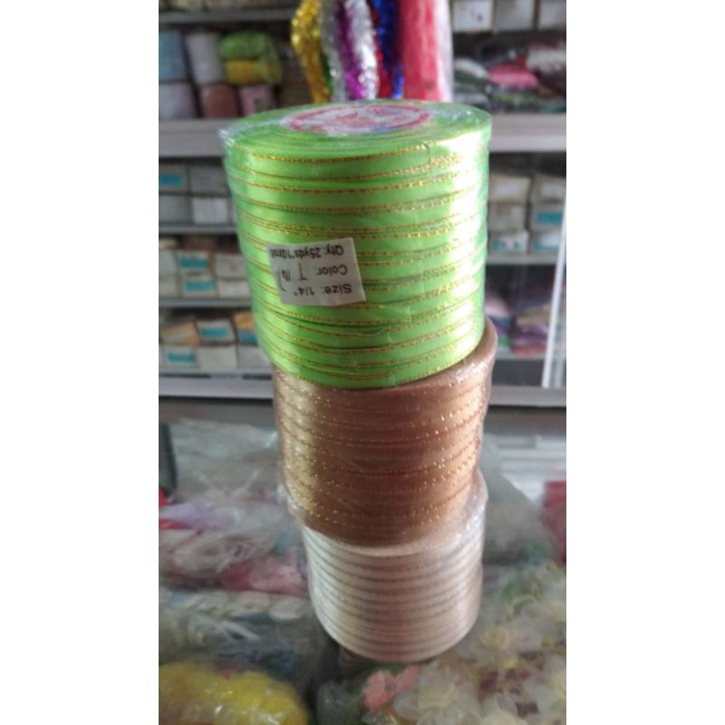 Pita satin lis emas 6mm rol 20 yard hiasan hampers parcel imlek cny lebaran ribbon