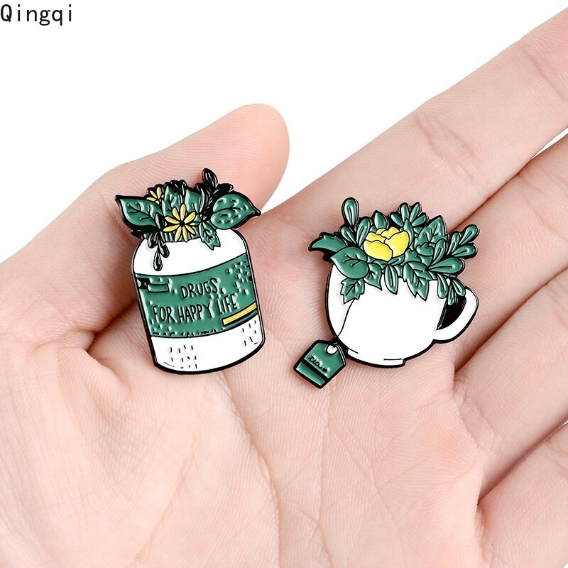 Bros Pin Enamel Desain Tanaman Hijau Drugs for Happy Life Untuk Pria Dan Wanita