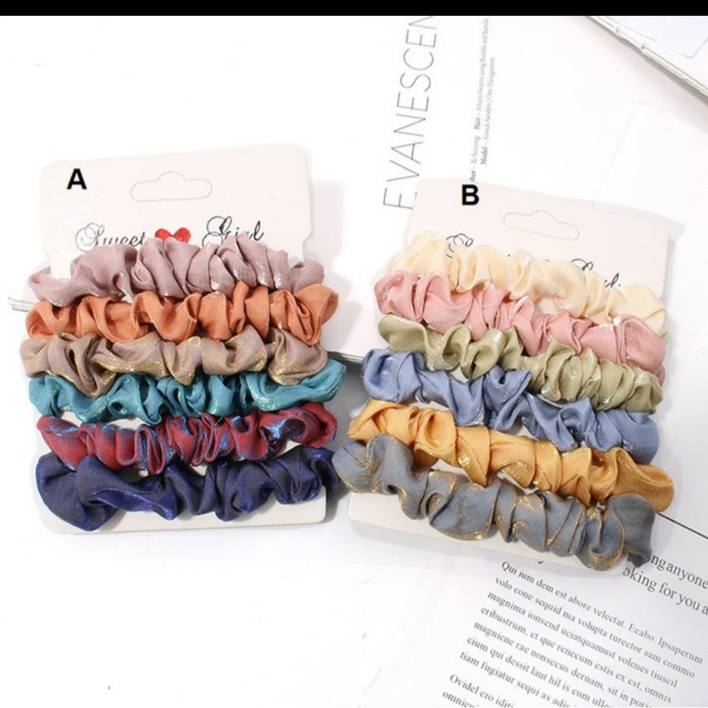 (IR-08) ISI 6 PCS Ikat Rambut Scrunchie Korea Set SHINING RAINBOW